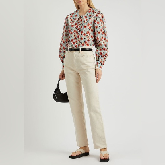 Rixo Misha Floral Print Cotton Blouse Blue Multicolor Peter Pan Collar Small - Picture 12 of 12